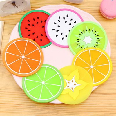 JIALEEY Set Of 7 Colorful Cute Fruit Slice Silicone Coaster Lovely Non-slip Unique Drink Cup Mat for Bar Kitchen Patio Kids Frisbee Toys 